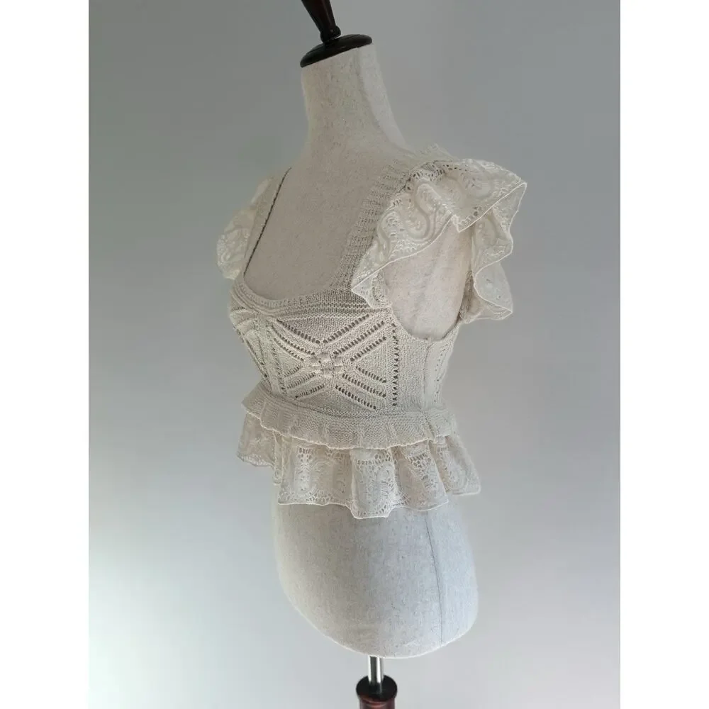 Zara Cream Crochet Tank Size Small Ruffle Sleeve Peplum Crop Style Cream Ivory